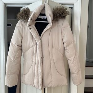 Calvin Klein Women's Beige Puffer Coat with Faux Fur Hood